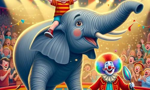Um menino de 4 anos, com cabelos castanhos bagunçados e olhos brilhando de alegria, está sentado nas costas de um grande elefante cinza chamado Elementino. Ele usa uma camiseta vermelha listrada e um short azul, sorrindo amplamente e levantando os braços como um pequeno rei. Ao seu lado, um palhaço alegre, com cerca de 30 anos, nariz vermelho e cabelos coloridos, faz caretas e malabares com bolas coloridas, pronto para entreter o público. A cena acontece em uma grande tenda de circo, decorada com listras vermelhas e amarelas, cheia de luzes brilhantes e espectadores maravilhados, todos aplaudindo e rindo. Ao fundo, cartazes coloridos anunciam os shows e confetes flutuam no ar. A situação principal mostra o menino rindo enquanto dá uma volta nas costas de Elementino, enquanto o palhaço faz malabares, criando uma atmosfera festiva e mágica no circo.