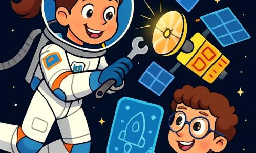 A female astronaut, Commander Luna Starbeam, floats in space, her face glowing with excitement and determination. She wears a white spacesuit adorned with colorful details, with a clear helmet revealing her brown hair tied in a ponytail. Her eyes sparkle with joy as she performs repairs on a shiny satellite suspended in the void of space. Nearby, a young boy with curly hair and glasses, about 10 years old, watches in awe through a holographic screen. He wears a star-patterned t-shirt and seems fascinated by Luna's adventure. The backdrop is a vast black space dotted with twinkling stars and a blue and green Earth, creating a striking contrast. The satellite, with its solar panels deployed, shines under the sunlight, adding a touch of futuristic technology to the scene. The main focus shows Luna repairing the satellite, concentrated and energetic, while the boy observes with admiration, dreaming of becoming an astronaut one day.