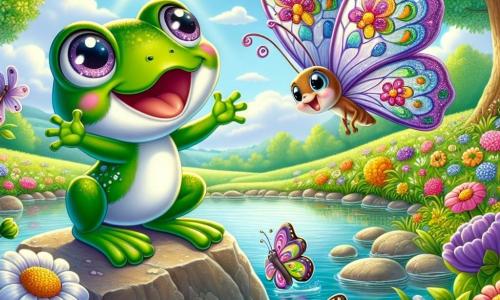 In het midden van de afbeelding springt Kiki, een kleine groene kikker met sprankelende ogen, vrolijk op een steen aan de rand van een vijver. Ze heeft een grote glimlach op haar gezicht en haar poten zijn iets uit elkaar, wat haar enthousiasme voor de lente toont. Naast haar vliegt Lila, een delicate paarse vlinder met doorschijnende vleugels versierd met kleurrijke patronen, in cirkels en uitdrukt haar vreugde met snelle vleugelslagen. Ze danst in de lucht, verlicht door de zonnestralen. Bliksem, een feloranje vlinder met glanzende vleugels, landt op een nabijgelegen bloem en kijkt Kiki bewonderend aan, met zijn antennes die trillen van opwinding. De achtergrond is een prachtige lentetuin, vol met stralende bloemen in alle kleuren, grote bomen met groene bladeren en een heldere blauwe lucht bezaaid met donzige witte wolken. De vijver schittert in de zon en weerspiegelt de schoonheid van de omliggende natuur. De scène toont Kiki en haar vrienden die de schoonheid van de lente vieren, klaar om aan hun grote schattenjacht te beginnen, omringd door de magie van het seizoen.