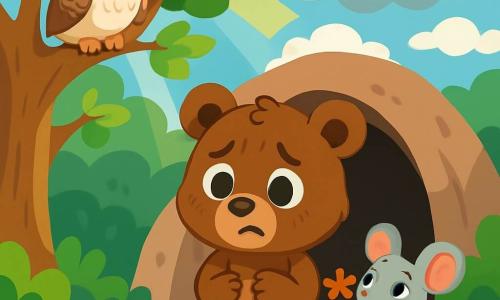 Ein kleiner brauner Bär namens Leo, mit großen runden Augen und weichem Fell, steht vor seiner Höhle. Er hat einen besorgten Gesichtsausdruck, seine Augenbrauen sind zusammengezogen und seine Pfoten zittern leicht. Neben ihm ermutigt ihn eine kleine graue Maus namens Mia mit großen Ohren und einem beruhigenden Lächeln, indem sie ihm eine kleine bunte Blume reicht. Höher in einem Baum beobachtet eine weise Eule namens Elli mit weißen Federn und durchdringenden Augen sie mit einem beruhigenden Blick und ist bereit, Ratschläge zu geben. Die Szenerie ist ein grüner Wald mit majestätischen Bäumen, glänzenden Blättern und Sonnenstrahlen, die durch die Äste brechen. Leo, zögernd, schaut zum bewölkten Himmel und fragt sich, ob er seine Höhle verlassen soll, um sich seinen Ängsten zu stellen.