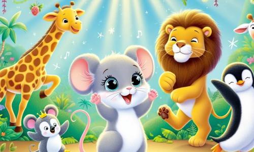 Una piccola topo di nome Mia, con un morbido pelo grigio e grandi occhi brillanti di curiosità, balla gioiosamente al centro della scena, con le zampette alzate e un grande sorriso sul viso. Alla sua destra, un leone di nome Leo, maestoso con la sua criniera dorata, applaude battendo le zampe, mostrando un'espressione entusiasta. A sinistra, una giraffa di nome Gigi, con il suo lungo collo maculato, si allunga per ballare, con gli occhi brillanti di gioia. Sullo sfondo, un pinguino di nome Pipo, con il suo piumaggio bianco e nero, scivola sul pavimento, ridendo della propria goffaggine. La scena si svolge in una giungla vibrante, piena di fogliame lussureggiante, fiori colorati e raggi di sole che filtrano tra gli alberi. La situazione principale mostra Mia e i suoi amici animali che ballano insieme, creando un'atmosfera festosa e gioiosa, dove risate e movimenti colorati si mescolano alla magia della giungla.