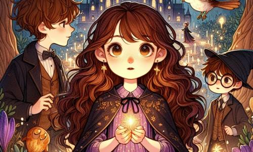 Al centro dell'immagine, una giovane apprendista strega, Sofia, di 11 anni, sta in piedi con uno sguardo determinato e meravigliato. Ha lunghi capelli castani ondulati, un vestito viola decorato con stelle dorate e un mantello nero che fluttua dolcemente dietro di lei. Nelle sue mani tiene una piccola fiamma brillante, simbolo della sua magia nascente. Alla sua destra, Liam, un ragazzo di 12 anni con capelli biondi arruffati e occhi scintillanti, usa i suoi poteri per creare un leggero vento che fa danzare le foglie intorno a loro. Alla sua sinistra, Mia, una ragazza di 10 anni con capelli castani e occhiali tondi, sussurra a un piccolo uccello posato sulla sua spalla, pronto ad aiutarli. Il contesto è una foresta incantata, con grandi alberi dai tronchi contorti, fiori luminescenti e cristalli scintillanti che emettono una dolce luce. Sullo sfondo si intravede l'Accademia di Eldoria, un edificio maestoso con torri slanciate e finestre colorate. La scena principale mostra Sofia e i suoi amici uniti, concentrati sulla creazione di una potente sfera di luce per combattere un'ombra minacciosa che si profila davanti a loro, simboleggiando il loro coraggio e la determinazione a proteggere il loro mondo magico.