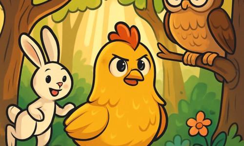 Una gallina di nome Pulcina, con piume dorate e brillanti e occhi scintillanti, si trova al centro della scena, mostrando un'espressione determinata e coraggiosa. Alla sua destra, un saggio gufo di nome Olmo, con grandi piume marroni e occhiali rotondi, osserva attentamente, posato su un ramo. Alla sua sinistra, un coniglietto vivace di nome Saltella, con pelliccia bianca e orecchie lunghe, salta gioiosamente, pronto ad aiutare. Sullo sfondo, il Bosco Incantato è pieno di alberi maestosi, fiori colorati e raggi di sole che filtrano attraverso il fogliame. Pulcina e i suoi amici intraprendono un'avventura emozionante per ritrovare le uova scomparse, circondati da un'atmosfera magica e misteriosa.