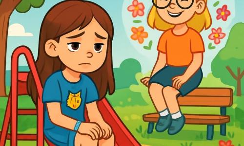 Ein 10-jähriges Mädchen mit langen braunen Haaren und traurigen Augen sitzt allein auf einer roten Metallrutsche, ihr Gesicht ist von Melancholie geprägt. Sie trägt ein blaues T-Shirt mit einer kleinen Katze darauf und eine Jeansshorts, ihre Hände liegen auf ihren Knien und halten ein handgemachtes Armband. In der Nähe schwebt der Geist eines anderen 10-jährigen Mädchens mit blonden Haaren und Brille, lächelnd über einer Bank, umgeben von bunten Blumen, die glückliche Erinnerungen symbolisieren. Der Ort ist ein schöner Kinderspielplatz mit grünen Bäumen, leuchtenden Blumen und einem blauen Himmel, der mit flauschigen weißen Wolken gesprenkelt ist. Die Hauptsituation zeigt das traurige Mädchen, das ins Leere starrt und in Gedanken verloren ist, während der Geist ihrer Freundin ihr lächelt und in diesem schwierigen Moment Trost spendet.