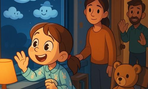 O fetiță de 8 ani, expresivă și veselă, cu păr șaten deschis prins în coadă, ochi mari și față rotundă, îmbrăcată în pijama cu iezi, numără norii lipindu-și nasul de fereastră, zâmbind visătoare și concentrată, sprijinită de pervaz, o mână pe geam și alta strângând o păturică; un ursuleț de pluș bej stă drept pe fotoliu ca un tovarăș tăcut, o femeie de circa 34 de ani apare în ușă cu expresie blândă și mâna pe clanță, iar un bărbat de circa 36 de ani, în șosete, zâmbește și face un mic semn dinspre hol; camera e nocturnă, iluminată cald de o lampă de noptieră, cu pereți bleu pal pictați cu stele, pătură roz, raft cu cărți și o fereastră largă spre un cer liniștit unde plutesc nori pufoși în forme jucăușe, sub o lună blândă — atmosferă cocooning, calmă, tandră și ușor fantastică.