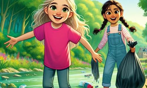 Ein 10-jähriges Mädchen, Mia, mit langen blonden Haaren und strahlenden Augen steht am Ufer eines Baches. Sie trägt ein leuchtend pinkes T-Shirt und gelbe Gummistiefel und zeigt ein großes entschlossenes Lächeln. Neben ihr ist ihre beste Freundin Emma, ebenfalls 10 Jahre alt, mit geflochtenen braunen Haaren und einer Jeanslatzhose. Sie hält einen großen Müllsack und schaut Mia begeistert an. Der Ort ist ein schöner Bach, umgeben von üppigen grünen Bäumen und bunten Blumen am Ufer. Der Himmel ist blau und sonnig, was eine fröhliche und einladende Stimmung schafft. Die Hauptsituation zeigt Mia und Emma, die Müll im Bach aufsammeln, mit Flaschen und Plastiktüten, die an der Oberfläche schwimmen. Sie arbeiten zusammen, entschlossen, ihre Umwelt zu reinigen, während sie lachen und singen, was ihr Engagement für den Naturschutz verdeutlicht.