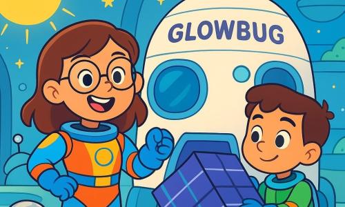 Mina, a smiling young woman with brown hair and round glasses, stands in front of her spaceship, Glowbug. She wears a bright and colorful spacesuit, and her face radiates excitement and determination. Next to her, Kio, a boy with blue hands and sparkling eyes, attentively observes the large solar sail they have just folded. Pip, a small silver robot, joyfully floats nearby, its lights flashing in rhythm with its enthusiastic beeps. The setting is a space school, with transparent glass walls allowing starlight to shine through. Floating gardens and smile-shaped windows surround the area, creating a warm and welcoming atmosphere. The main scene shows Mina and her friends preparing the solar sail for a flight, with golden light from a large sun outside, while twinkling stars dance around them.