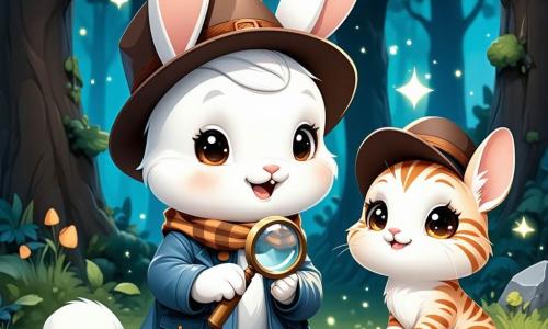 Um coelhinho chamado Tico, com pelagem branca e grandes orelhas, usa um pequeno chapéu de detetive e exibe uma expressão curiosa e determinada. Ele segura uma lupa em uma pata, examinando o chão com atenção. Ao seu lado, a Gatinha Mimi, com pelagem listrada laranja e olhos brilhantes, observa ao redor com um ar intrigado, sentada em uma pedra. O Passarinho Pico, um pequeno pássaro azul com penas brilhantes, voa acima deles, com as asas abertas e uma expressão animada. A cena acontece em um parque ensolarado, repleto de balões coloridos flutuando no ar, árvores verdes com folhas brilhantes e uma grande mesa de festa decorada com bolos e guloseimas. No centro da imagem, Tico, Mimi e Pico estão descobrindo pistas para resolver o mistério do bolo de cenoura desaparecido, cercados por uma atmosfera alegre e festiva.