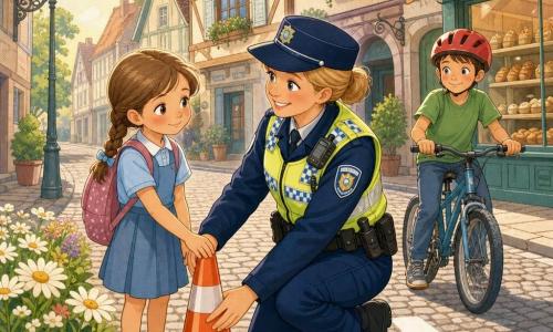 Smiling, kind female police officer with a gentle gaze in a clean navy uniform and yellow reflective vest kneeling to place a bright orange cone on a white crosswalk, an ~8‑year‑old girl in a light‑blue school uniform with a brown braid stands left of the officer holding the cone with one hand, shy curious smile, an ~10‑year‑old boy in a red bike helmet and green T‑shirt on his stopped bicycle behind the crosswalk looks relieved and grateful, cobblestone neighborhood street with half‑timbered houses and a small bakery, wrought‑iron lamppost and planters of daisies in warm soft morning light, calm and reassuring scene of the officer protecting children, pastel colors, clean lines, soft comic style, composition centered on the human interaction.