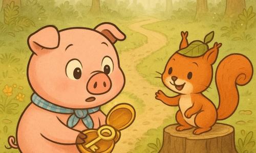 Un porcușor roz, rotund și curios ține în lăbuțe o ghindă aurie deschisă ce ascunde o cheie strălucitoare; cu botul umed și ochii mari uimiți poartă un fular în carouri bleu și privește cele trei poteci din față; o veveriță roșcată cu o pălărie făcută dintr-o frunză stă pe o ciupercă la dreapta lui, vorbind și zâmbind; în fundal Pădurea Șoaptelor cu trunchiuri subțiri, ferigi verzi, ceață fină și picături de rouă; cele trei poteci: una cu flori galbene și miros de miere, alta cu pietre umede și mușchi, a treia acoperită de frunze uscate și vânt; atmosferă caldă, luminoasă, texturi moi, stil bandă desenată pentru copii.