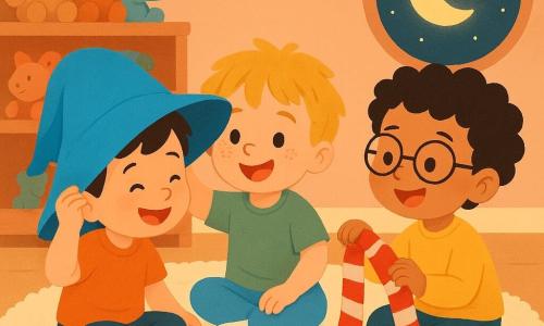 Three boys sit together under a bright blue hat turned into a tent: Ben, about 5, with short brown hair and laughing eyes, on the left holding the hat; Sam, about 4, tousled blond hair and freckles, in the center gently tugging the brim and smiling; Max, about 5, curly black hair and round glasses, on the right waving a long red-and-white striped sock like a snake. They are in a warm, cozy bedroom with a cream plush rug, pale peach walls, a light wood shelf of stuffed animals, a round window showing a starry sky and pale yellow moon, and a small moon nightlight casting soft orange light. The scene is intimate, calm and joyful with warm colors, soft textures and clear, child-friendly expressions.
