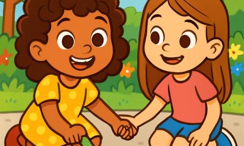 A 6-year-old girl named Lila, with big bright eyes and curly hair, joyfully smiles while holding a piece of green chalk. She wears a yellow polka dot dress and sits on the concrete floor, surrounded by vibrant colors. Next to her is her best friend Maya, also 6, with long smooth hair, dressed in a pink t-shirt and blue shorts, looking at Lila with a knowing smile, ready to draw together. The scene takes place in a sunny garden with colorful flowers and lush trees in the background. The ground is covered in colored chalk, forming a large rainbow on the concrete. Lila and Maya are seen hand in hand, drawing the green line of the rainbow, their faces beaming with happiness and friendship, surrounded by other children who cheer them on with laughter and applause.