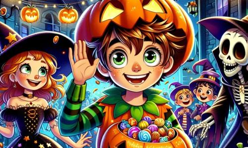 A 10-year-old boy, Max, with messy brown hair and sparkling curious eyes, wears a shiny pumpkin costume with a stem-shaped hat. He smiles enthusiastically, arms raised in victory, in the middle of a lively Halloween party. Next to him, a small witch, Ginger, about 8 years old, joyfully floats by in a black dress adorned with stars and a pointed hat, holding a tray of colorful candies. A funny skeleton, around 12 years old, dances nearby, its bones sparkling under the lights, with a big friendly smile. The setting is a festive street in Spooksville, decorated with twinkling lanterns, grinning pumpkins, and spider web garlands, where costumed children are having fun and laughing. In the center of the image, Max and his friends are preparing to confront a group of mischievous goblins trying to steal candy, creating an atmosphere of excitement and adventure.