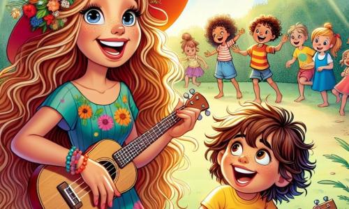 Luna, a cheerful woman with long wavy hair and a bright red hat, is playing a ukulele while singing with a big smile on her face. Her eyes sparkle with happiness, and she wears a colorful flower-adorned dress. Next to her, Leo, an 8-year-old boy with messy brown hair and bright curious eyes, is enthusiastically strumming the ukulele. He wears a yellow t-shirt and blue shorts, looking at Luna with admiration. They are in a sunny park surrounded by green trees and vibrant flowers. Children are playing around them, some dancing and others listening with radiant smiles. The scene shows Luna and Leo singing together, sharing their joy of music with all the children in the park, creating a festive and lively atmosphere.