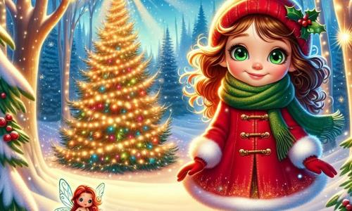 A 7-year-old girl named Amelia, with curly brown hair and sparkling green eyes, smiles in awe as she stands in front of a majestic Christmas tree in an enchanted clearing. She wears a bright red coat, a wool scarf, and gloves, surrounded by gently falling shimmering snowflakes. Next to her, a little fairy named Twinkle, dressed in a holly leaf dress with sparkling wings, joyfully flies in the air. The setting is a magical clearing surrounded by tall snow-covered fir trees, with twinkling lights illuminating the central tree. The ground is covered in a thick layer of snow, and stars shine in the night sky, creating a fairy-tale atmosphere. The main scene shows Amelia and Twinkle celebrating the magic of Christmas as they stand in front of the illuminated tree, ready to spread joy and the spirit of Christmas in their village.