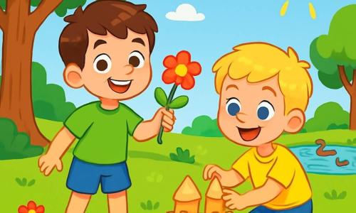 Er zijn 2 hoofdpersonages: Sem: een 6-jarig jongetje met bruin haar en sprankelende ogen. Hij draagt een groene T-shirt en een blauwe korte broek. Sem glimlacht vrolijk terwijl hij een mooie rode bloem in zijn hand houdt. Milan: een 6-jarig jongetje met blond haar en blauwe ogen. Hij draagt een gele T-shirt en een blauwe korte broek. Milan zit op de grond en bouwt enthousiast een zandkasteel. De scène speelt zich af in een klein zonnig park, vol groen. Grote bomen met groene bladeren bieden schaduw en een mooi grasveld is bezaaid met kleurrijke bloemen. Verderop is er een kleine vijver met eenden die vredig zwemmen. De belangrijkste situatie toont Sem en Milan die samen in het park spelen, lachend en zich vermakend terwijl ze een prachtig zandkasteel bouwen. De lucht is blauw en helder, en de zon schijnt, wat een vrolijke en zomerse sfeer creëert.