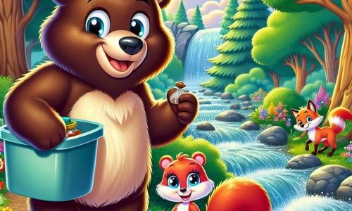 Un gran oso pardo llamado Bruno, con un pelaje suave y brillante, se encuentra al borde de un arroyo resplandeciente, mostrando una expresión alegre y decidida. Sostiene un gran cubo de plástico, listo para recoger basura. A su lado, una pequeña ardilla llamada Lila, con un pelaje rojizo brillante y grandes ojos chispeantes, sonríe sosteniendo una nuez en sus pequeñas patas, lista para ayudar. Un poco más lejos, un astuto zorro llamado Tico, con un pelaje naranja brillante y una cola esponjosa, mira a su alrededor con un aire travieso, sosteniendo una botella de plástico que acaba de encontrar. El lugar es un hermoso bosque verde, lleno de majestuosos árboles con hojas brillantes, flores coloridas que bailan al viento y un arroyo claro que serpentea entre las rocas. La escena principal muestra a Bruno y sus amigos limpiando el arroyo, recogiendo basura mientras ríen y se divierten, creando una atmósfera de camaradería y alegría mientras cuidan su entorno.
