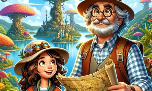 No centro da imagem, uma jovem exploradora, Isabel, tem cerca de 10 anos, com longos cabelos castanhos ondulados, usando um chapéu de aventureira e uma jaqueta colorida. Seu rosto expressa grande excitação e curiosidade, enquanto segura um mapa antigo, observando o horizonte com olhos brilhantes. Ao seu lado, o professor Mário, um homem de cerca de 60 anos, com óculos redondos e barba grisalha, está anotando em um caderno. Ele usa uma camisa xadrez e um colete, olhando para Isabel com um sorriso encorajador. Ao fundo, a cena acontece na magnífica Ilha das Maravilhas, com árvores gigantes de folhas coloridas, flores vibrantes e um lago cintilante ao centro. O céu é azul brilhante, com nuvens fofas, e pássaros exóticos voam ao redor, adicionando um toque de magia ao ambiente. A situação principal mostra Isabel e o professor Mário descobrindo o coração da ilha, cercados pela beleza natural, enquanto se preparam para explorar um antigo templo misterioso, cheio de segredos e magia.