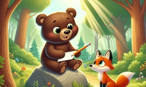 Un pequeño oso marrón, con un pelaje suave y ojos brillantes de curiosidad, está sentado sobre una gran piedra al borde de un camino forestal, sosteniendo un lápiz y un cuaderno de dibujo, mostrando una sonrisa alegre y concentrada. A su lado, un joven zorro de pelaje naranja brillante, con ojos brillantes y una expresión tímida pero entusiasta, observa atentamente el dibujo del oso, sosteniendo un pincel en su pata. El lugar es un claro soleado del Bosque Encantado, rodeado de majestuosos árboles con hojas verdes brillantes, con flores coloridas que salpican el suelo y rayos de luz filtrándose a través de las ramas. La situación principal muestra al oso y al zorro trabajando juntos en un proyecto artístico, compartiendo ideas y riendo, creando una hermosa atmósfera de camaradería y aprendizaje.