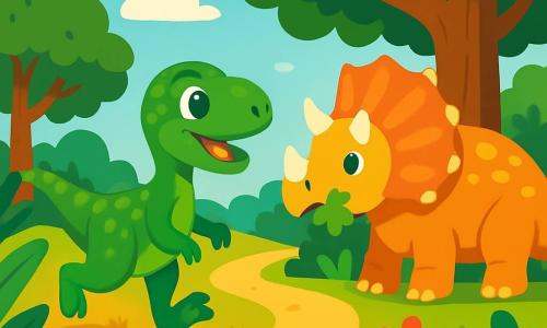 Um velociraptor travesso, com escamas verdes e olhos brilhantes de curiosidade, corre alegremente por uma floresta exuberante, suas pequenas patas ágeis chicoteando a grama dourada sob o sol. Perto dali, um Tricerátopo amigável, com sua grande chifre e escamas coloridas, está ao lado de uma árvore, comendo folhas tenras. O cenário está cheio de grandes samambaias, flores vibrantes e árvores majestosas, criando uma atmosfera mágica e viva. Nesta cena, Velo descobre um caminho misterioso que se adentra na floresta, seu coração batendo de excitação pela aventura que o aguarda.