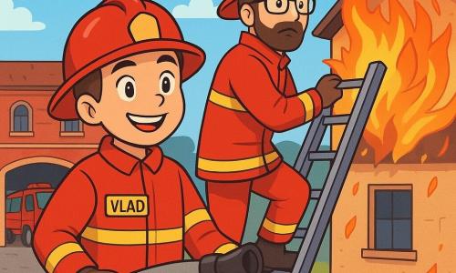 Un pompier pe nume Vlad stă cu un zâmbet larg pe față, cu ochii strălucind de determinare. El poartă o uniformă roșie aprinsă, cu o cască strălucitoare și cizme negre, ținând un furtun de incendiu într-o mână. Lângă el, un alt pompier, un bărbat de aproximativ 30 de ani, cu barbă brună și ochelari de protecție, desfășoară o scară, concentrat și serios. În fundal, o cazană de pompieri din cărămidă roșie, cu uși deschise și vehicule de intervenție parcate, se ridică sub un cer albastru deschis, presărat cu nori albi pufoși. Scena arată pe Vlad și colegul său pregătiți să intervină, înconjurați de flăcări într-o casă în flăcări, cu scântei dansând în aer, creând o atmosferă intensă și eroică.