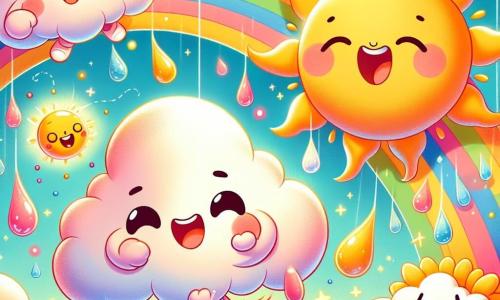 Fluffy, a fluffy pink cloud with round cheeks and a big joyful smile, happily jumps among sparkling raindrops, its eyes sparkling with happiness. Beside it, the sun, a large yellow circle with golden rays and a smiling face, makes funny faces while tossing raindrops into the air. The gentle breeze, represented by soft wavy lines, swirls around them with a playful expression, adding a touch of magic to the scene. The backdrop is a light blue sky dotted with fluffy white clouds, with colorful raindrops bouncing joyfully on a bright rainbow. In this scene, Fluffy and its friends are having fun jumping together, creating an atmosphere of joy and laughter before falling asleep under a starry sky.