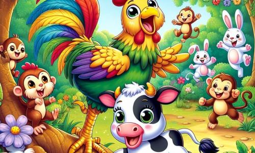 Um galo alegre chamado Pipo, com penas brilhantes e coloridas, está em cima de um tronco de árvore, com as asas abertas e um grande sorriso no rosto, pronto para anunciar a competição de dança. Ao seu lado, uma vaca chamada Lili, com pelagem preta e branca, observa Pipo com olhos brilhantes de excitação, enquanto mastiga um pedaço de grama. Ao fundo, um grupo de animais da selva, incluindo um macaco travesso, um coelho saltitante e uma tartaruga graciosa, se reúne ao redor da clareira, cheia de flores coloridas e guirlandas festivas. A cena transmite uma atmosfera alegre e animada, onde todos os animais se preparam para participar da dança mais divertida da selva, com risos e alegria no ar.