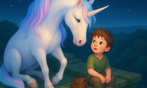 A pearlescent white unicorn with a slightly iridescent coat and pastel mane and tail (sky blue, dusty pink, lavender) that shine like silk under starlight stands protectively on an ancient stone roof, one hoof near Elian — a curious, round-faced ten-year-old boy with messy brown hair in a worn green tunic, sitting on the roof edge with a small leather pouch beside him and looking at the indigo night sky; the moss‑covered, vine-draped temple has weathered stones, faded carvings and uneven steps, and the roof overlooks the forest canopy beneath a deep indigo sky studded with stars and one brighter twinkling star with a silver mist on the horizon; the unicorn and boy share a quiet, intimate moment as the unicorn inclines its head as if whispering a secret, bathed in soft light and warm contrasts between stone, moss and iridescent mane — soft, luminous palette, subtle gradient textures, smooth lines, magical tranquil mood, composition focused on their bond.