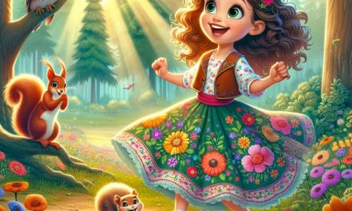 In een betoverd bos danst een 11-jarig meisje genaamd Emma, met krullend haar en sprankelende ogen, vrolijk in een open plek. Ze draagt een kleurrijke jurk versierd met bloemen en heeft een grote glimlach op haar gezicht, die haar opwinding en vastberadenheid om haar verloren sleutel te vinden, uitdrukt. Naast haar kijkt een klein eekhoorntje met heldere ogen en lichtbruine vacht, terwijl het een hazelnoot in zijn voorpootjes vasthoudt. Verderop kijkt een grote, wijze uil met bruine en witte veren, zittend op een tak, aandachtig naar de scène en is klaar om Emma advies te geven. De open plek is verlicht door het zachte licht van de ondergang, met kleurrijke bloemen die dansen in de wind en majestueuze bomen die een magische omgeving vormen. Stralen van licht filteren door de bladeren, wat een feeërieke sfeer creëert. De belangrijkste situatie toont Emma die blij danst, omringd door de natuur, terwijl ze haar verloren sleutel zoekt, met het eekhoorntje en de uil die haar observeren en aanmoedigen in haar avontuur.
