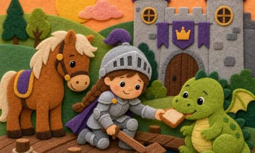 Odwazna uśmiechnięta dziewczynka-rycerka o splecionych brązowych włosach, w błyszczącej lekkiej stalowej zbroi, z okrągłą twarzą i błyszczącymi oczami, trzyma mały drewniany miecz i układa filcową deskę jakby naprawiała most. Obok stoi mały kasztanowy koń z bujną grzywą i pochyloną głową. Przy wejściu do zamku siedzi mały zielony okrągły smok z malutkimi skrzydłami, który gryzie kawałek chleba od rycerki, najpierw ze smutnymi, potem radosnymi oczami. Miejsce: stary drewniany most z szerokimi deskami, łagodne zielone wzgórza i zamek z zaokrąglonymi wieżami, pastelowe niebo z pomarańczowo-brzoskwiniowym zachodem słońca. Scena: rycerka naprawia most kolorowymi deskami, smok i koń patrzą, ciepła, prosta i czytelna kompozycja, żywe kontrastowe kolory i zaokrąglone kształty dla małych dzieci.
