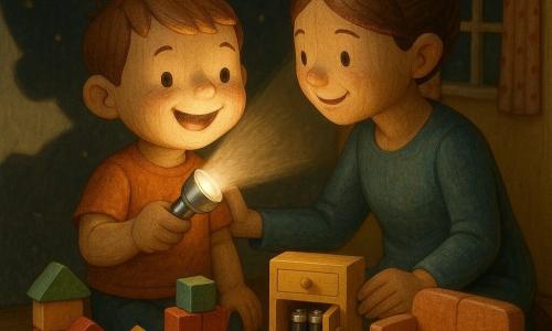 Een vrolijke 4-jarige jongen met kort lichtbruin haar en ronde wangen houdt een glimmende metalen zaklamp aan; een sterk warm wit licht verlicht zijn gezicht. Een vriendelijke vrouw van ongeveer 30–35 jaar met donkerbruin haar in een knot knielt naast hem en legt liefdevol haar hand op zijn schouder terwijl ze naar de lamp kijkt. Op een lichte houten tafel staat een diorama van gekleurde houten speelgoeddorpjes: kleine huisjes, een mini-bank, een open ladekastje met zichtbare batterijen en gestapelde blokken. De miniatuurwoonkamer heeft een zacht tapijt, een geschilderd raampje met gestippelde gordijnen, pastelgele muren en brede schaduwen op een achterwand met een sterrenhemel. Hoofdactie: de jongen heeft net de zaklamp aangestoken; de felle bundel werpt dansende schaduwen en verlicht de speelgoeddetails, wat een warme, verbaasde en veilige sfeer creëert. Stijl: geschilderd houten diorama met zichtbare houtnerf, felle contrasterende kleuren, dramatische verlichting gefocust op de lamp en zachte contouren, compositie gecentreerd rond de jongen en de lamp.