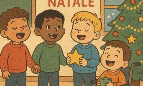 Ci sono 4 bambini: Un ragazzo di nome Luca, quasi 4 anni, con capelli castani ricci, indossa un maglione rosso, è a sinistra, tiene la mano di Amir. Un ragazzo di nome Amir, quasi 4 anni, con capelli neri e occhi scintillanti, indossa un maglione verde, è accanto a Luca, sorridente. Un ragazzo di nome Tommaso, quasi 4 anni, con capelli biondi e guance rosse, indossa un maglione blu, è a destra, tiene una stella di carta. Un ragazzo di nome Nico, quasi 4 anni, con capelli castani e un grande sorriso, seduto su una piccola sedia a rotelle, è davanti agli altri, tiene una piccola scatola di pile. Il luogo è una classe calda e accogliente, decorata per Natale. Un grande albero di Natale si erge nell'angolo, adornato con ghirlande scintillanti e palline colorate. Una finestra mostra la neve che cade dolcemente fuori. La situazione principale mostra i quattro bambini che cantano insieme un canto di Natale, gli occhi brillano di gioia. Le luci dell'albero brillano dolcemente, creando un'atmosfera magica e festosa. I bambini sono circondati da piccole stelle di carta e biscotti a forma di albero, aggiungendo un tocco di dolcezza alla scena.