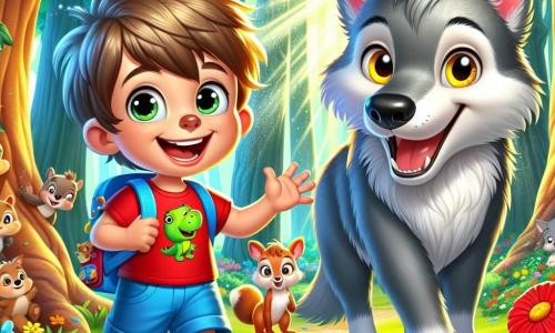Un bambino di 5 anni, di nome Leo, con capelli castani disordinati e occhi brillanti di curiosità, si trova al centro della scena, sorridendo con entusiasmo. Indossa una maglietta rossa con un piccolo dinosauro e un pantaloncino blu, tenendo uno zaino colorato pieno di biscotti. Accanto a lui, un grande lupo dal pelo grigio argenteo, con occhi gialli brillanti e un sorriso amichevole, si china leggermente verso Leo, mostrando di essere dolce e accogliente. Sullo sfondo, la foresta magica si estende con alberi giganteschi e foglie verde brillante, mentre fiori colorati di varie sfumature, come rosa, blu e giallo, punteggiano il terreno. I raggi di sole filtrano tra i rami, creando un'atmosfera calda e incantata. La scena principale mostra Leo e il lupo che ridono insieme, circondati da animali della foresta, come un piccolo scoiattolo curioso e un coniglio dalle grandi orecchie, che li osservano con meraviglia. L'immagine cattura il momento in cui Leo e il lupo, diventati amici, scoprono la bellezza della foresta e condividono un'avventura gioiosa, illustrando l'idea che l'amicizia può superare le paure.