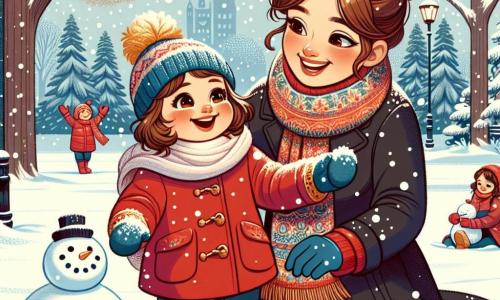 A one-year-old girl with big sparkling eyes and rosy cheeks is joyfully laughing in a snowy park. She is wearing a bright red coat, a blue wool hat, and yellow gloves, raising her arms to the sky, amazed by the falling snowflakes around her. Next to her, her mother, a woman in her thirties with brown hair in a bun and a warm smile, is rolling a large snowball to build a snowman. She is wearing a black coat and a colorful scarf, slightly leaning towards her daughter. The park is filled with tall trees laden with snow, and the ground is covered with a thick layer of sparkling snow under the winter sun. Snowflakes dance in the air, creating a magical atmosphere. The little girl is having fun playing in the snow, throwing snowballs and laughing, while her mother builds a snowman beside her, their shared moment illuminated by the joy of winter.