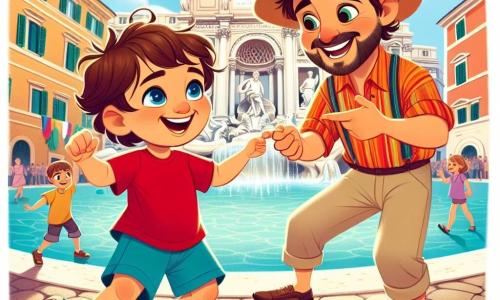 Un bambino di 4 anni, di nome Luca, con capelli castani arruffati e occhi brillanti di curiosità, balla felicemente in una grande piazza a Roma. Indossa una maglietta rossa e pantaloni blu, e il suo sorriso irradia gioia mentre impara un nuovo passo di danza. Accanto a lui, Marco, un uomo di circa 30 anni con un grande cappello e una barba ben curata, lo incoraggia con un ampio sorriso. Indossa una camicia colorata e pantaloni di lino, facendo gesti per mostrare i movimenti di danza a Luca. Sullo sfondo, la magnifica Fontana di Trevi brilla al sole, circondata da turisti meravigliati. La scena mostra Luca che si diverte a ballare con entusiasmo, mentre Marco lo incoraggia, creando un'atmosfera gioiosa e dinamica nel cuore della città eterna.