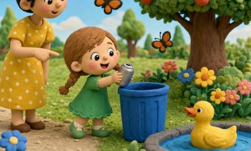A joyful, curious 2-year-old girl with bright eyes and light brown hair in two small braids, rosy round cheeks, wearing a green dress and small green shoes, picks up a silver can and holds it toward a blue trash bin; her mother, about 30, with a gentle smile and black hair in a bun, stands behind her pointing to the bin, wearing a yellow dress with white polka dots. A bright yellow duck swims in a calm blue pond nearby and two orange-and-black butterflies fly above flowers. It's a sunny park with a small round pond, textured green grass, a large apple tree with red apples, colorful flowerbeds and a beige gravel path. The main scene shows the girl happily focused on disposing of the metal litter into the blue bin, surrounded by caring nature and curious animals.
