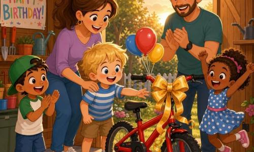 Hoofdpersoon: een vrolijke 4-jarige jongen met warrig blond haar, roze wangen en grote heldere ogen die naar een grote rode fiets met gouden strik kijkt terwijl hij ernaar reikt. De moeder (ongeveer 30) glimlacht, kastanjebruin haar in een paardenstaart en houdt zacht zijn rechterschouder vast. De vader (ongeveer 32) met korte baard staat links en klapt trots. Twee vrienden: een 4-jarig meisje in een blauwe stippenjurk springt van vreugde rechts, een 5-jarige jongen met groene pet klapt links. Locatie: een kleine houten schuurtje open naar een tuin, gouden zonlicht valt naar binnen, kleurrijke slingers en ballonnen aan de deurklink, bloemen deurmat. Situatie: verjaardagssurprise, iedereen omringt de jongen, collectief geluk, warme feestelijke sfeer met felle kleuren en eenvoudige ronde vormen.