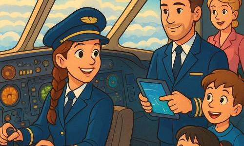 Een zelfverzekerde glimlachende vrouwelijke piloot met bruine vlecht in een strak donkerblauw uniform en bijpassend petje, handen aan het stuur van een gedetailleerde cockpit, helder gezicht en sprankelende ogen; rechts ervan een mannelijke copiloot van circa 30 met lichte baard en rustige glimlach die op een touchscreen navigatietablet wijst, zelfde uniform; achter de cockpitdeur een vrouwelijke stewardess van circa 28 met vastgebonden blond haar in een lichtroze uniform die geruststellend naar kinderen gebaart; drie kinderen zichtbaar bij de raampjes dichtbij de cockpit: een roodharig jongetje van 8 tegen het raam, een 6-jarig meisje met zwarte staartjes met open mond van verwondering, en een 10-jarige jongen met een klein vliegtuigmodel, allemaal zittend en vastgezet; cockpitinterieur retro-futuristisch met ronde meters, kleurenschermen en chromen hendels, dikke zwarte contouren in 90s tekenstijl, gouden zacht licht door de raampjes; het vliegtuig stijgt op boven een oceaan van poederige wolken, wielen intrekkend, lichtgevend horizon, gevoel van beweging, avontuur en vrolijke geruststellende sfeer met felle contrasterende kleuren.