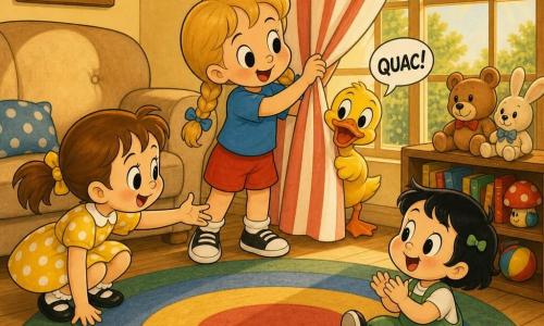 Quatro personagens: uma menina de ~4 anos, cabelo castanho preso em duas coques, vestido amarelo com bolinhas brancas, agachada à esquerda estendendo a mão para um pequeno pato escondido; uma menina de ~4 anos, cabelo loiro em duas tranças, camiseta azul e short vermelho, em pé no centro puxando suavemente uma cortina listrada para revelar o pato; uma menina de ~3 anos, cabelo preto curto, jardineira verde, sentada à direita num tapete colorido, aplaudindo e sorrindo; e um patinho amarelo de bico laranja, brilhante, atrás da cortina junto à janela, cabeça inclinada fazendo 