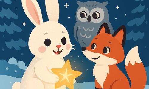 In the center of the image, a small rabbit named Oliver, with soft and fluffy fur that sparkles like stars, holds a bright golden star in his paws. His expression is one of wonder and joy. Next to him, Fiona the fox, with a bright red coat and eyes sparkling with curiosity, watches the star with a delighted smile. In the background, an old owl with gray feathers and wise eyes looks at the star with deep admiration. The scene takes place in a snowy clearing, surrounded by trees covered in glistening snow, under a night sky dotted with bright stars. The main scene depicts the magical moment when Oliver reveals the golden star to the forest animals, illuminating the clearing with a warm, golden glow.