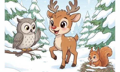 A young reindeer with soft brown fur and large shiny round eyes, smiling and amazed, stands on the snow with one hoof raised as if showing the way; an old owl named Oliver with gray plumage and wise yellow eyes perches on a low branch to the left, watching and nodding; a small red squirrel named Sandy, trembling but relieved, is nestled in a pine-needle nest partially covered in snow near the ground to the right; snowy forest of green firs laden with snow, pale blue sky with a bright star above; main scene: the reindeer helps the squirrel find its nest, warm gestures and a glowing expression, simple centered composition, pastel colors, rounded lines and soft outlines, calm comforting atmosphere.