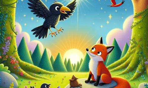 Ein kleiner Rabe namens Rudi, mit glänzend schwarzen Federn und neugierigen Augen, fliegt fröhlich am Himmel, mit einem strahlenden Lächeln im Gesicht. Unten beobachtet ein weiser alter Fuchs namens Felix, mit rotem Fell und schelmischen Augen, Rudi von einer sonnigen Lichtung aus, sitzend auf einem moosbedeckten Stein. Die Szene spielt in einem verzauberten Wald, wo majestätische Bäume mit lebendig grünen Blättern in den Himmel ragen und bunte Blumen den Boden bedecken, was ein lebendiges Bild der Natur schafft. Rudi entdeckt eine geheimnisvolle Lichtfackel, die in der Luft schwebt und ihn einlädt, neue Horizonte zu erkunden, während Felix lächelt, bereit, seine Weisheit über die Wunder der ihn umgebenden Welt zu teilen.
