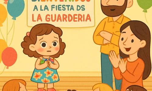 Una niña de 2 años, con grandes ojos brillantes y cabello rizado castaño, está de pie en un escenario de madera, su rostro expresa ligera nerviosismo con mejillas sonrojadas. Lleva un vestido de flores coloridas y zapatitos rosas. A su lado, su papá, un hombre de unos treinta años con barba suave y una sonrisa alentadora, la observa con orgullo, con los brazos cruzados, mientras se mantiene ligeramente atrás para darle espacio. Su mamá, una mujer de unos treinta años con cabello largo y liso, está justo frente al escenario, con las manos levantadas para aplaudir, su rostro radiante de apoyo. El lugar es una sala de fiestas decorada con globos multicolores y guirnaldas brillantes, con niños sentados en alfombrillas coloridas, esperando con impaciencia. Al fondo, un gran cartel dice 