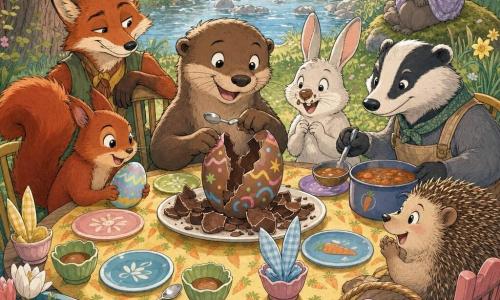 Milo, a warm smiling anthropomorphic otter with glossy light brown fur and curious round eyes, breaks a large colorful chocolate egg at the center of the wooden table while holding a small silver spoon; Pip, a bright red squirrel, stands left of Milo holding a painted egg; Lila, a round soft hedgehog with speckled brown quills, sits right with a basket of multicolored eggs; Tansy, a sly red fox, stands behind the table with a paw on a chair; Juniper, a small white-eared rabbit with chocolate on their nose, and Bram, a calm sturdy badger carrying a ladle of carrot stew, gather around; Grandma Nori, an elderly silver otter, watches from the riverbank seated on a moss cushion. The rustic scene is a riverbank clearing with a yellow carrot-patterned cloth, mismatched colorful plates, shell cups, napkins folded like rabbit ears, spring flowers on the grass, soft morning light and pastel, vivid colors; everyone shares the first piece of a magical chocolate egg on a communal plate, conveying warmth, conviviality and wonder.