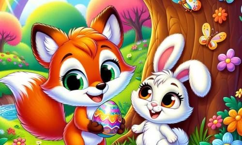 A little fox named Felix, with bright orange fur and a bushy tail, stands joyfully under a large tree, his eyes shining with excitement as he holds a sparkling colored egg in his paws. Next to him, an adorable bunny named Bella, with white fur and long, soft ears, smiles enthusiastically, her eyes sparkling with curiosity as she looks at the egg Felix found. The setting is a sunny garden filled with vibrant flowers of all colors, with butterflies fluttering around and a sparkling stream nearby, where a rainbow appears in the sky. The main scene shows Felix and Bella discovering a mysterious egg together, ready to follow the clues to find hidden treasure, surrounded by the spring beauty of their magical garden.