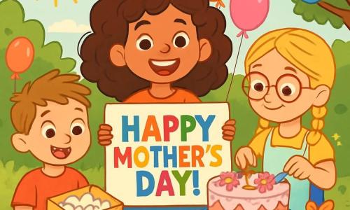 There are 3 characters: - Zoe: an 8-year-old girl with big brown curls, a bright smile, and sparkling eyes. She stands in the center holding a large colorful sign that says 