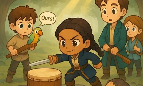 Captain Mara is a round-faced, braided-black-haired woman with lively hazel eyes, a determined, protective posture, holding a small gleaming sword and pushing Vell away from the large drum with a focused, slightly smiling, furrowed-brow expression; Rafe, a slim ~30-year-old in an ocean-green coat, stands to her right holding a broken mallet, repentant and surprised; Vell, ~40, ash-gray coat and dirty gloves, lies on the ground before the drum, bound, with an exaggerated chibi face of anger and humiliation; Jory, ~18, messy-haired, holds a large wooden club to Mara’s left in a heroic but awkward stance; Sella, ~19, slim and alert in sailor attire, watches behind Jory with a rope coiled on one arm; Onion, a small round colorful parrot perched on Jory’s shoulder, squawks “Ours!” comically; they stand in a damp island clearing of gray sand and low rocks under drooping green branches and light mist, golden sunbeams filtering down; the old polished wooden drum with a cream skin and wave carvings sits on a stone platform at the center with a broken mallet and scattered small broken vials; the scene shows the crew regrouped around the drum after the fight, relieved and determined, in saturated colors and soft chibi-kawaii lines.