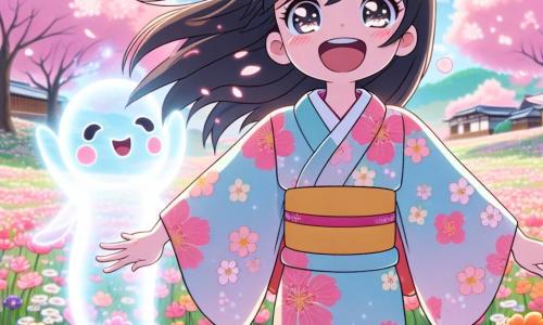 In the center of the image, Hana, a 10-year-old Japanese girl, stands with a big smile on her face. She has long, shiny black hair, sparkling curious eyes, and wears a colorful kimono adorned with cherry blossom patterns. She joyfully dances among falling pink petals, her arms raised to the sky, expressing immense joy. Next to her, a benevolent spirit, resembling an ethereal and luminous silhouette, floats gently above the ground. This spirit, with soft shapes and pastel colors, has a smiling face and bright eyes, showing its happiness to be with Hana. In the background, a vibrant field of flowers stretches as far as the eye can see, filled with flowers of all colors, under a bright blue sky dotted with fluffy white clouds. Flowering cherry trees line the field, their branches heavy with delicate petals falling like gentle rain. The scene illustrates the magical moment when Hana and the spirit dance together, celebrating regained joy, surrounded by the beauty of nature and vibrant flowers.