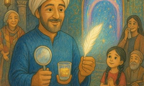 A smiling middle-aged man with a gentle face and bright kind eyes wears a deep-blue tunic and cream turban and holds a small silver round mirror, a luminous white feather, and a small glass cup of sparkling drops; behind him to the left an elderly storyteller woman with braided gray hair and a warm patchwork coat smiles with open arms; a black‑haired girl of about six in a red dress sits on a cushion to the right, hands clasped in wonder; an older musician with a flute rests in the background and a woman of about thirty stands slightly back, wiping a tear with a grateful smile; they are in an oriental night courtyard with carved stone arches, turquoise-and-gold mosaic tiles, hanging metal lanterns, jasmine garlands and rich carpets as an iridescent arch—an invisible door—appears on a mosaic wall with floating stars and floral motifs while the man stands confidently in the foreground displaying the three treasures as the magical door opens and the others look on, calm and amazed.