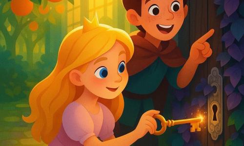 Princess Elara, bright curious face and loose golden-blond hair, kneels smiling as she inserts an antique golden key into an ivy-covered lock while Finn, a freckled brown-haired boy, stands behind her to the right pointing at the door; in the sunlit orangery a mossy paved path and fruit-laden orange trees cast dappled golden light on a dark wooden door half-covered in purple ivy and moss with silver engravings around the keyhole, a warm sparkling glow escaping the seam — warm contrasted colors, rich textures and soft magical lighting centered on the princess and the door.